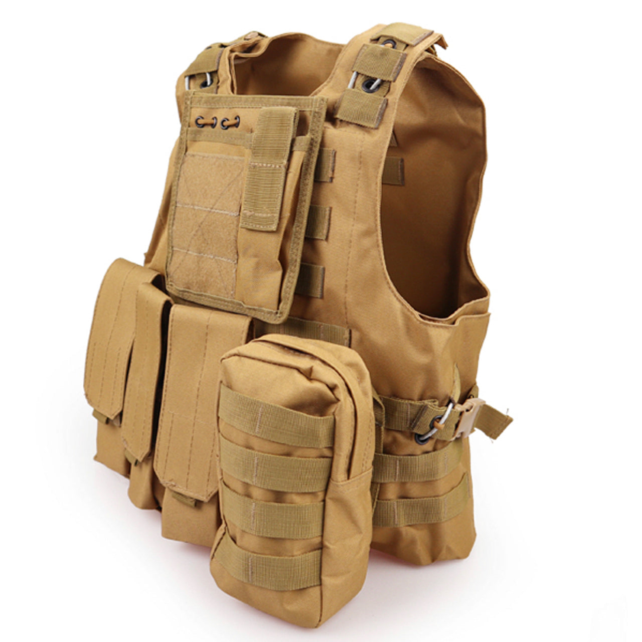 Army Tactical Vest Lightweight Loadout High quality 600D oxford material Front and back MOLLE design, x3 magazine pouch can be adopted to suit your assault style. Top tactical pouch is good for carrying small torch or multi-tool and you can attach patches. Small side pouch for carrying essential items. Adjustable waist and shoulder straps makes this a fast throw on vest. Great for Military, cadets, airsoft and other outdoor activities www.defenceqstore.com.au