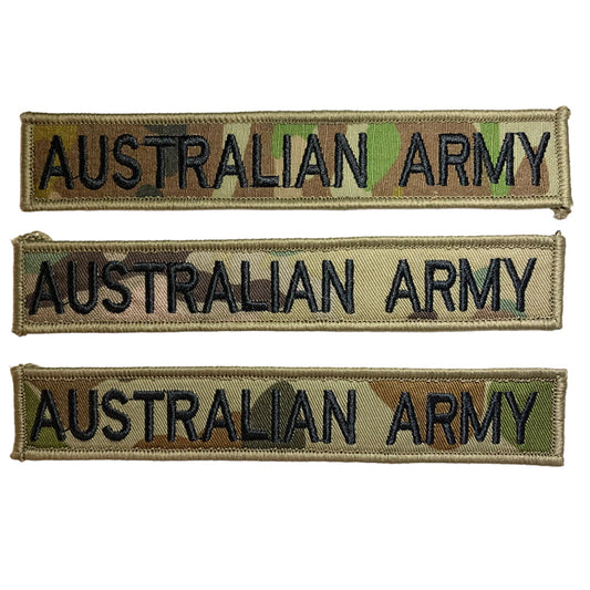 Australian Army Patch in various colours for a bit of fun.  We had the idea to come up with a range of fun options as well.   Size is 2.5cm x 15cm, lettering is 1.5cm in height.  All embroidery is done in upper case letters only as a FYI. www.defenceqstore.com.au