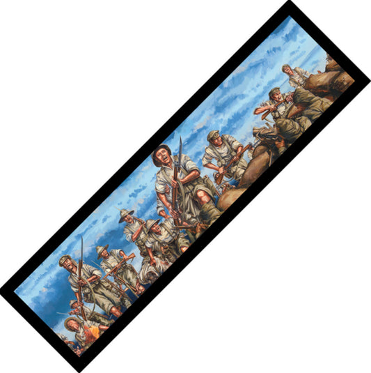 A painstaking and incredibly detailed depiction of the tragic charge of the light horse at The Nek on the 7th of August 1915. Presented from the unique perspective of the Turks this compelling work depicts the early moments of the charge on this perfectly sized bar runner.