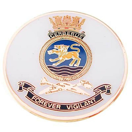 HMAS Cerberus medallion. This spectacular 48mm full colour enamel medallion with the ships crest on the front and ships profile on the revers, will start conversations wherever you show it or hand it out. www.defenceqstore.com.au