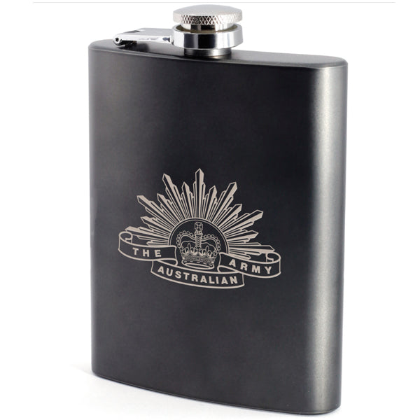 Army History Unit crest engraved on a stylish hip flask  This classic hip flask is the perfect gift for any occasion. Stylishly presented in a lined silver box with a display window cut out on the front