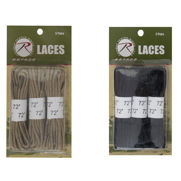 Rothco’s Boot Laces are perfect for military, tactical, and law enforcement personnel and come in a convenient three-pack.   Boot Laces Are Perfect Replacement Laces For Any Tactical Boot Constructed With Long-Lasting Polyamide (Black Laces Are Made Of Nylon) Heat Formed Tips Prevent Fraying 3 Pairs Of Shoes Laces Per Package 72 Inches In Length