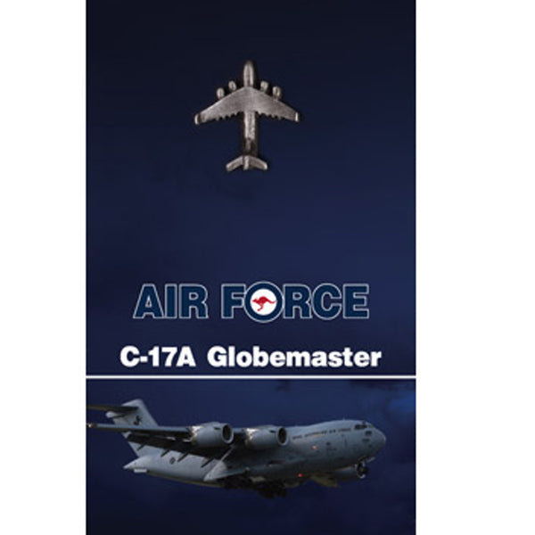 Get the quality C-17A Globemaster Lapel Pin in today. This 25mm nickel-plated lapel pin is a masterful 3D lapel pin, with a butterfly clasp on the back and comes on a presentation card.  Own this fantastic lapel pin today.  Specifications:  Material: Nickel-plated Colour: Silver Size: 25mm