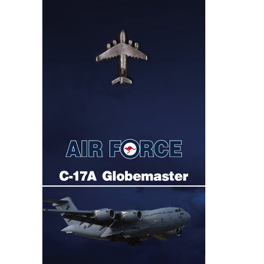 Get the quality C-17A Globemaster Lapel Pin in today. This 25mm nickel-plated lapel pin is a masterful 3D lapel pin, with a butterfly clasp on the back and comes on a presentation card.  Own this fantastic lapel pin today.  Specifications:  Material: Nickel-plated Colour: Silver Size: 25mm