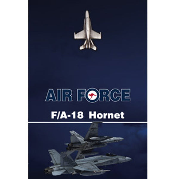 Get the quality F/A-18 Hornet Lapel Pin today. This 25mm nickel-plated lapel pin is a masterful 3D lapel pin, with a butterfly clasp on the back and comes on a presentation card.  Own this fantastic lapel pin today.  Specifications:  Material: Nickel-plated Colour: Silver Size: 25mm