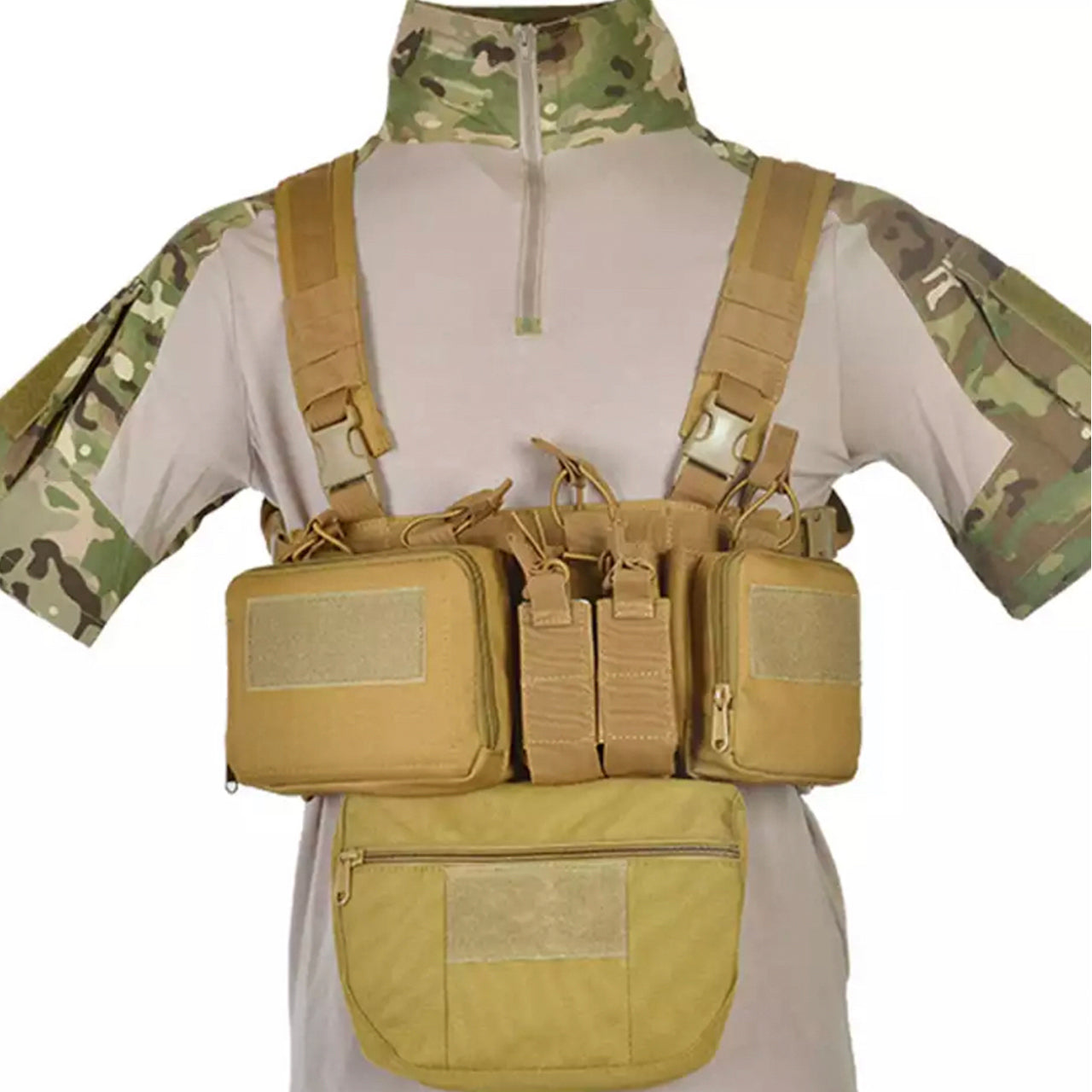 Defence Q Store Chest Rig X Expand Harness Made of 500D Nylon high strength material Lightweight, small and compact for added movement, high speed low drag!!! x4 large magazine pouches x2 small magazine pouches x2 front pouches x1 large removable under pouch Great for airsoft, military and cadet training exercises www.defenceqstore.com.au