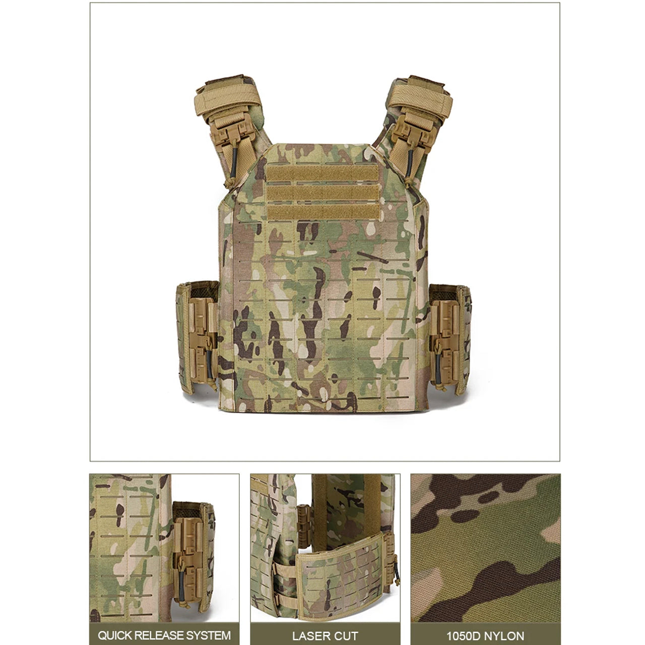 Grab this great tactical assault vest which is fully adjustable and lightweight and great for quick release when stuck in a tight situation. Great for drop and go exercises that require speed and light weight capabilities. Heavy duty 1050D Multicam fabric Fully adjustable shoulders and waist Patches can be attached One size fits most By Defence Q Store www.defenceqstore.com.au