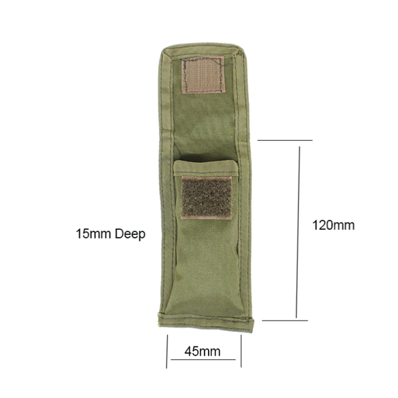 Medium knife pouch made of heavy duty fabric with a velcro close and a fabric attachment on the back Medium size Heavy duty fabric Velcro close Fabric attachment 12x4.5x1.5cm www.defenceqstore.com.au