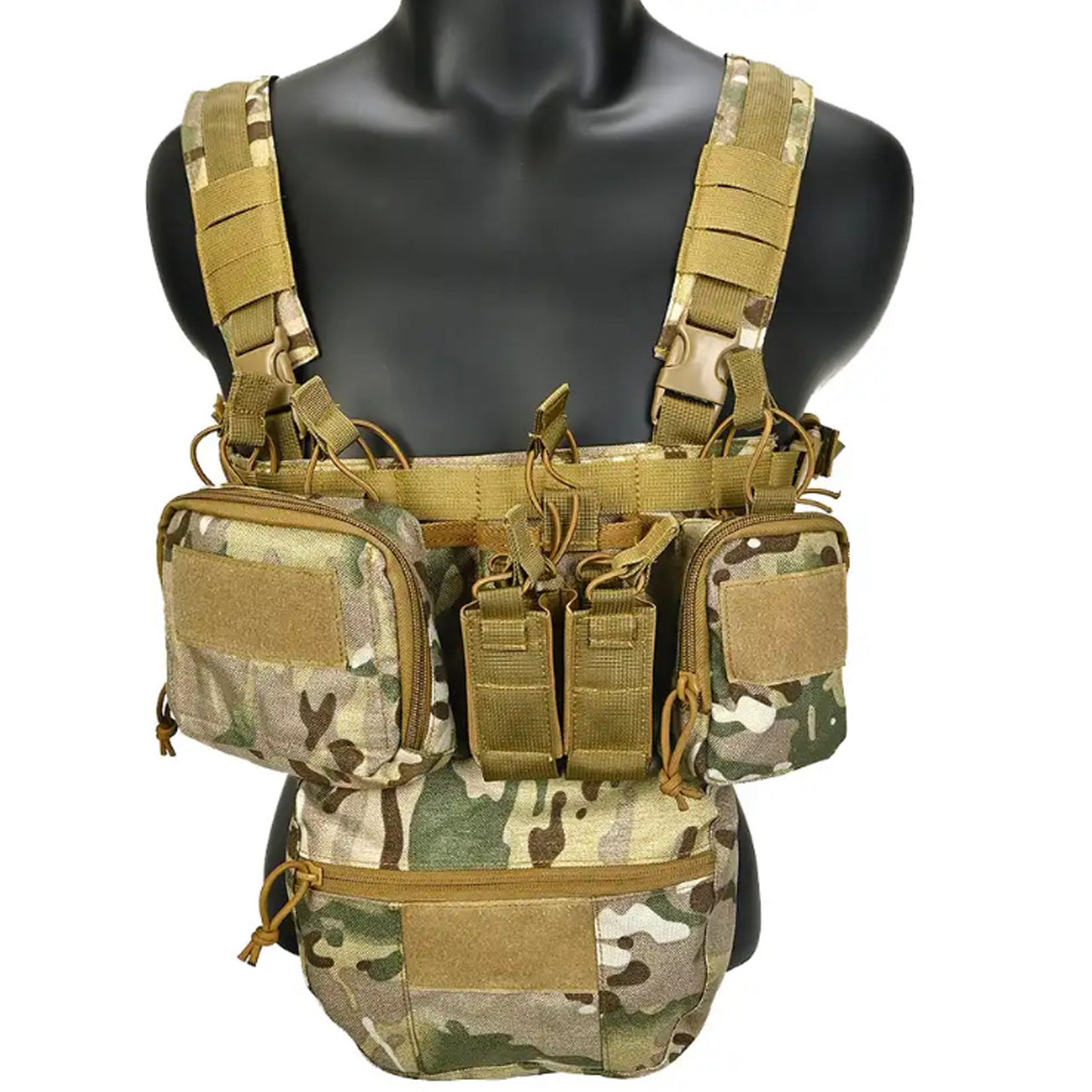 Defence Q Store Chest Rig X Expand Harness Made of 500D Nylon high strength material Lightweight, small and compact for added movement, high speed low drag!!! x4 large magazine pouches x2 small magazine pouches x2 front pouches x1 large removable under pouch Great for airsoft, military and cadet training exercises www.defenceqstore.com.au