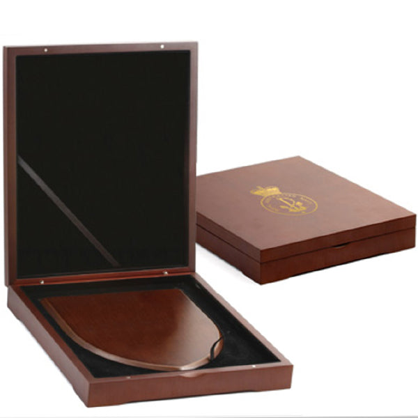 The Beautiful Navy Plaque Presentation Box, order now and make you next presentation or gift extra special. This timber finish plaque box has a form cut black flock velvet inner base and padded flock velvet inner lid. Designed to create a quality presentation option for our range of shield plaques.  Printed with the Navy crest on the front.  Box Size: 250mm x 210mm x 40mm