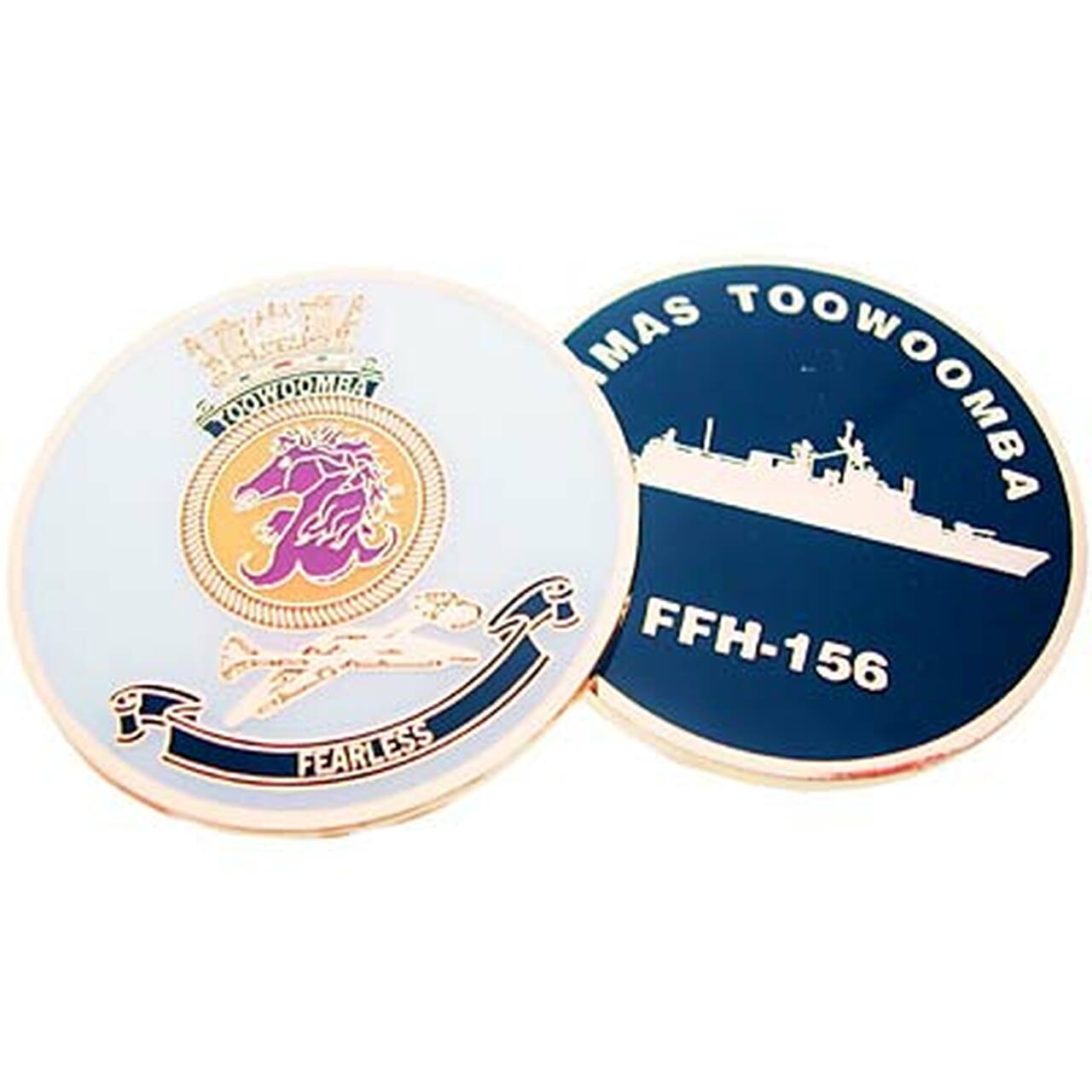 HMAS Toowoomba medallion. This spectacular 48mm full colour enamel medallion with the ships crest on the front and ships profile on the revers, will start conversations wherever you show it or hand it out.