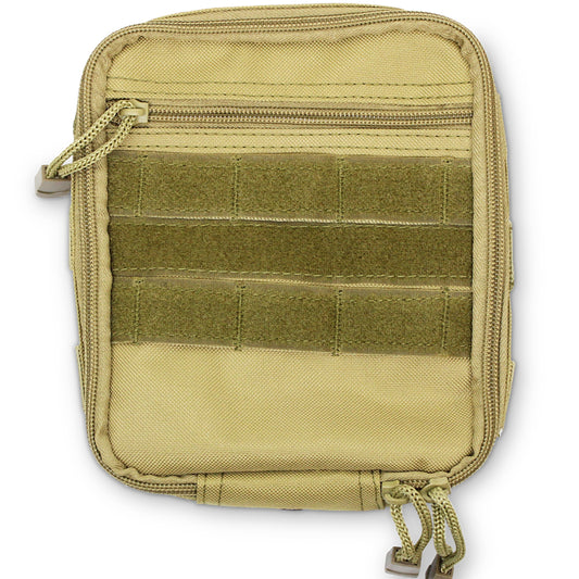 This pouch is perfect for securely organizing and storing smaller items when you're out in the field, ensuring they can be easily accessed and not get lost!   18 x 14 x 5cm 180g. Front flap with internal and external full length zipper pocket. Two double elastic straps in main compartment Internal open pocket on rear panel 4 internal nylon tabs for lanyards/carabiners www.defenceqstore.com.au