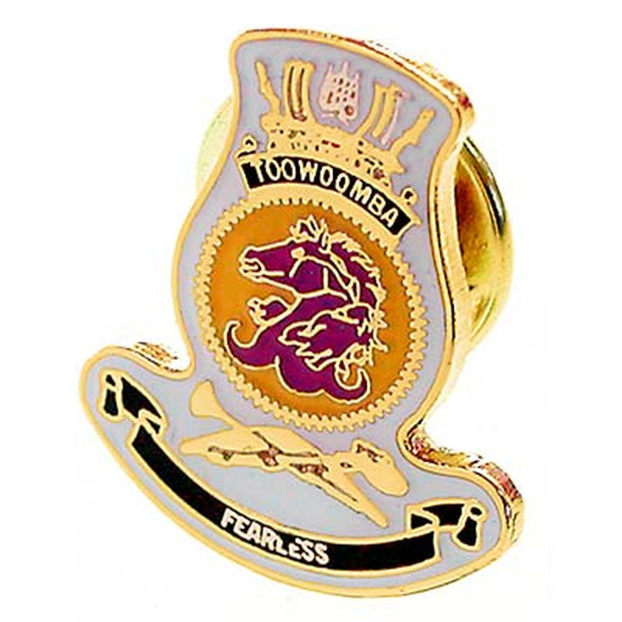 HMAS Toowoomba 20mm full colour enamel lapel pin.  This beautiful gold plated lapel pin will look great on both you jacket or on your cap.