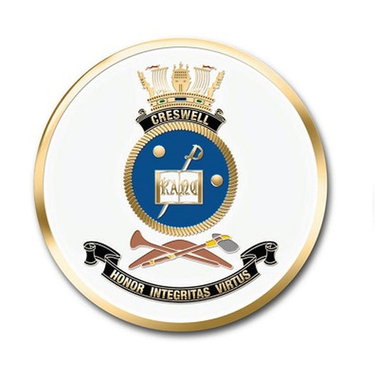 HMAS Creswell medallion. This spectacular 48mm full colour enamel medallion with the ships crest on the front and ships profile on the revers, will start conversations wherever you show it or hand it out.