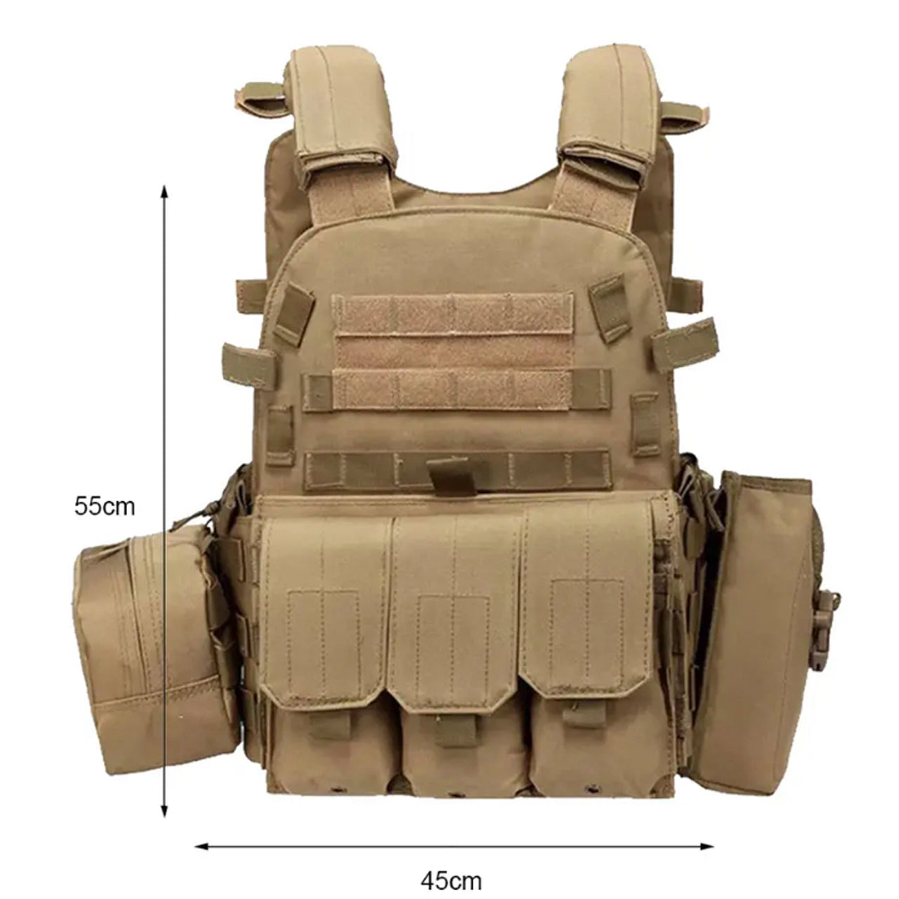 Grab this great tactical assault vest which is fully adjustable and lightweight.   Heavy duty 600D coats PU fabric  Fully adjustable shoulders  x3 Magazine Pouches  x1 Water Bottle Pouch  x1 Back/Side Pouch  One size fits most www.defenceqstore.com.au