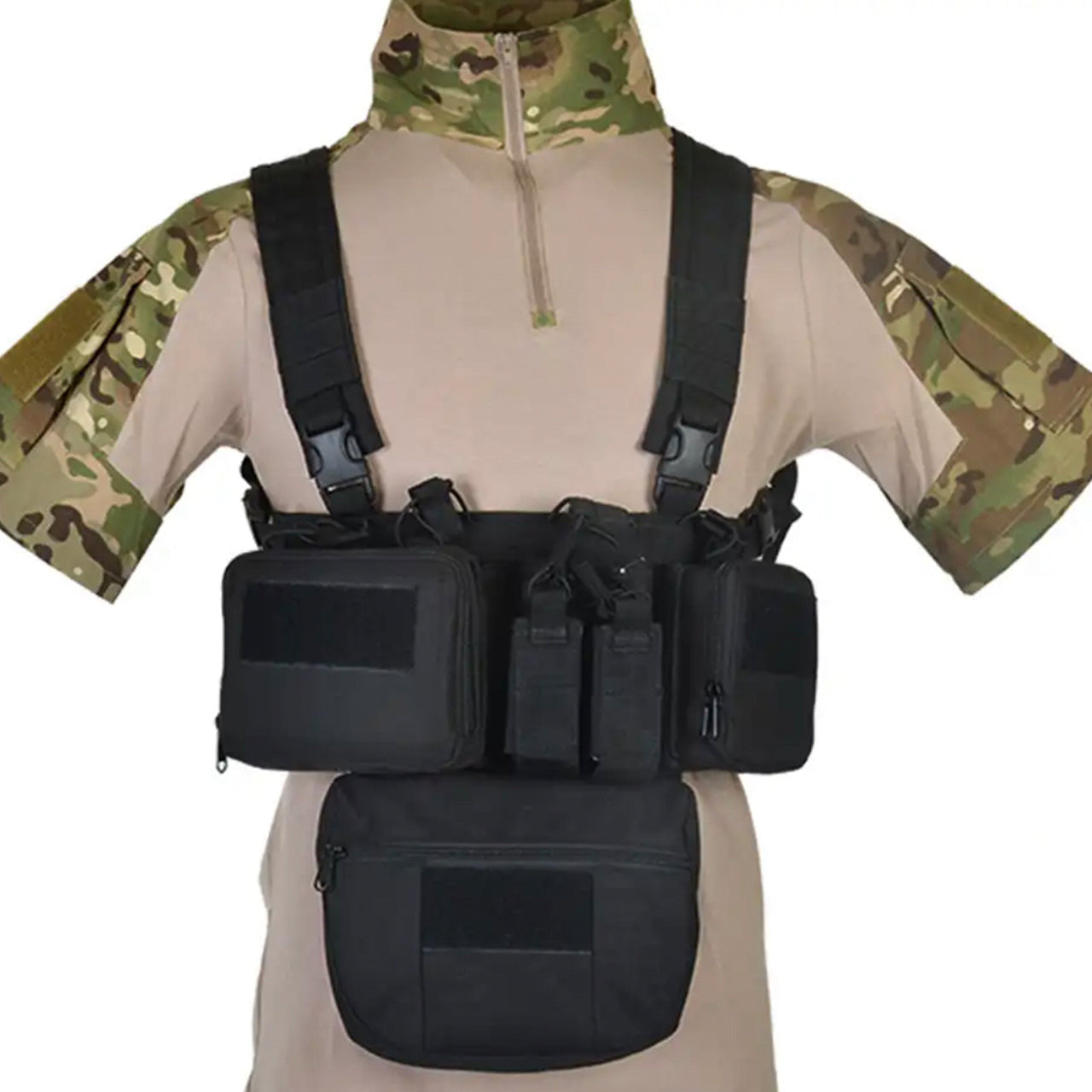 Defence Q Store Chest Rig X Expand Harness Made of 500D Nylon high strength material Lightweight, small and compact for added movement, high speed low drag!!! x4 large magazine pouches x2 small magazine pouches x2 front pouches x1 large removable under pouch Great for airsoft, military and cadet training exercises www.defenceqstore.com.au