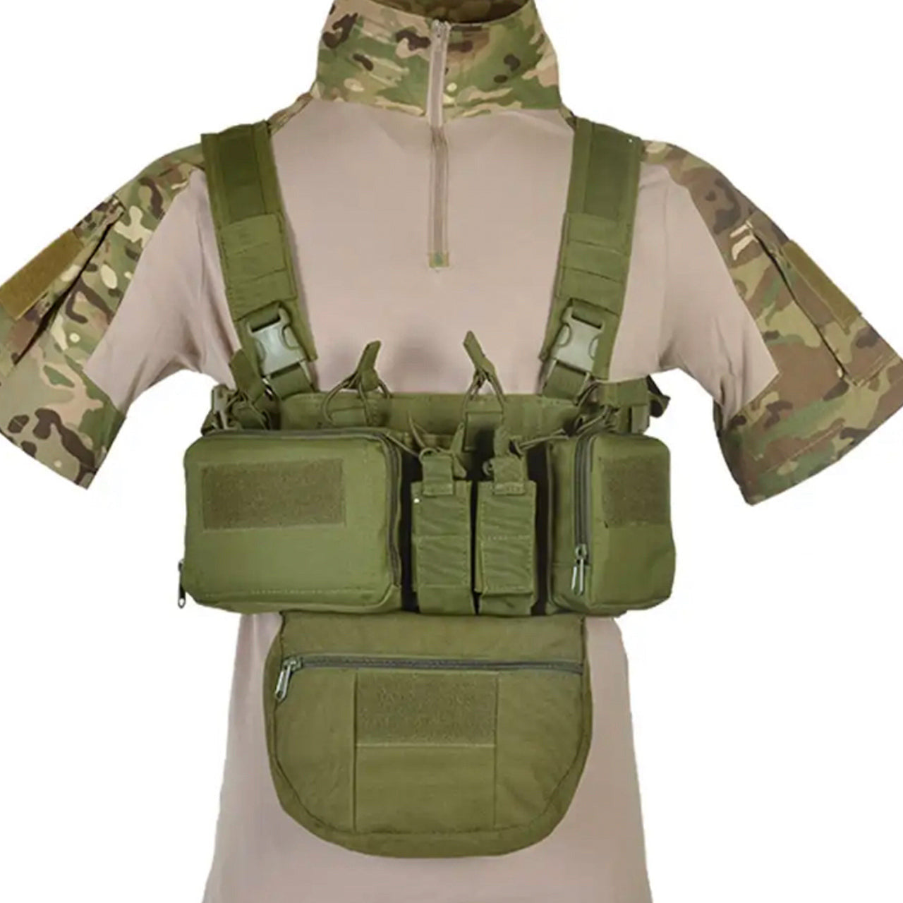 Defence Q Store Chest Rig X Expand Harness Made of 500D Nylon high strength material Lightweight, small and compact for added movement, high speed low drag!!! x4 large magazine pouches x2 small magazine pouches x2 front pouches x1 large removable under pouch Great for airsoft, military and cadet training exercises www.defenceqstore.com.au